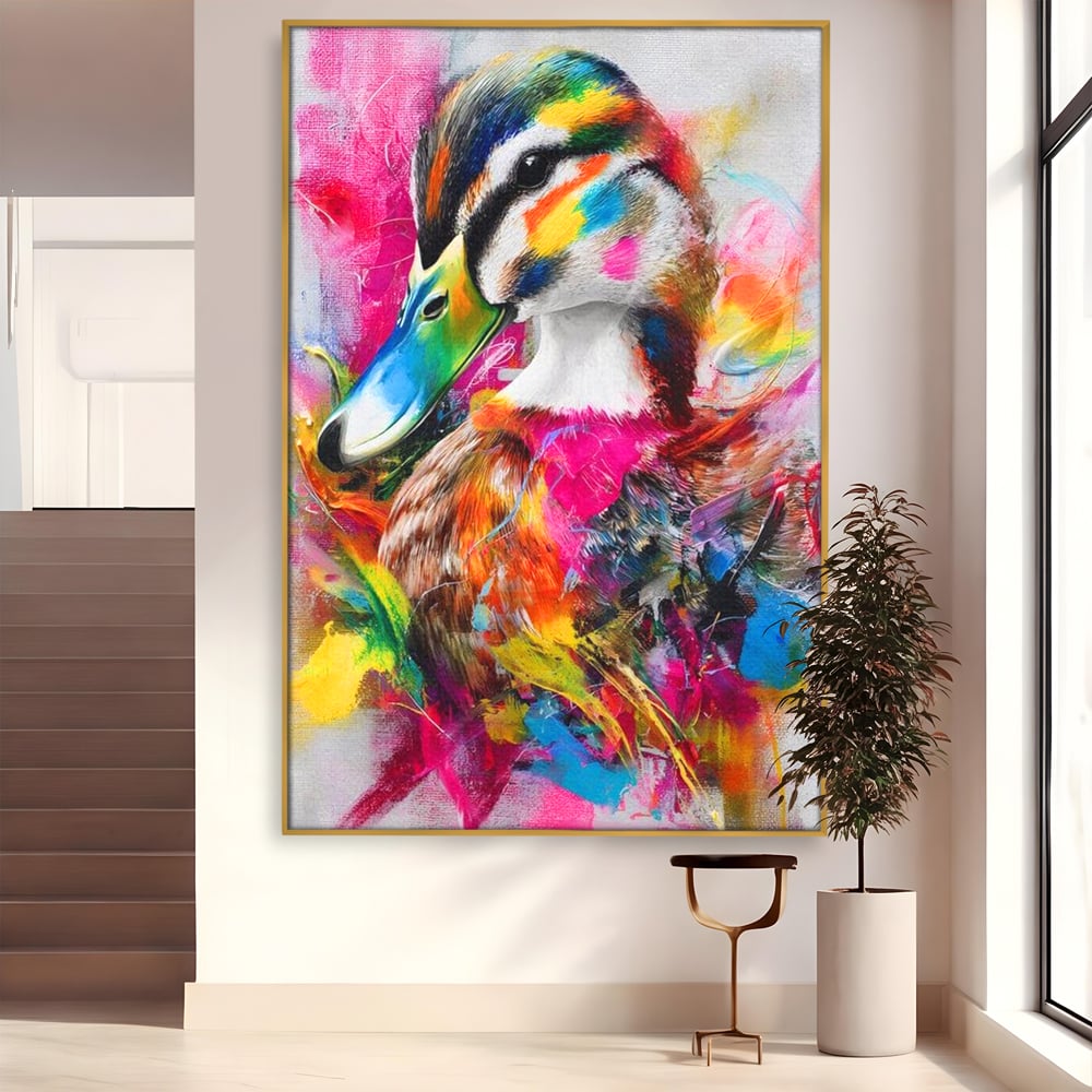 Tablou canvas cu tablou canvas cu rata colorata, in rama de aluminiu auriu